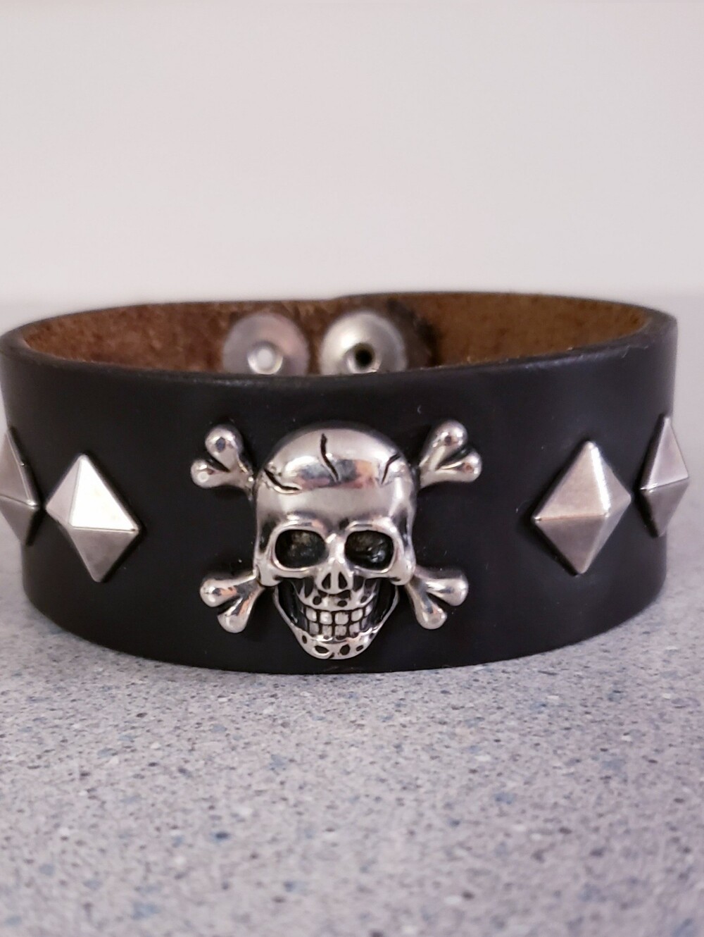 Sterling Skull Leather Wrist Cuff Bracelet